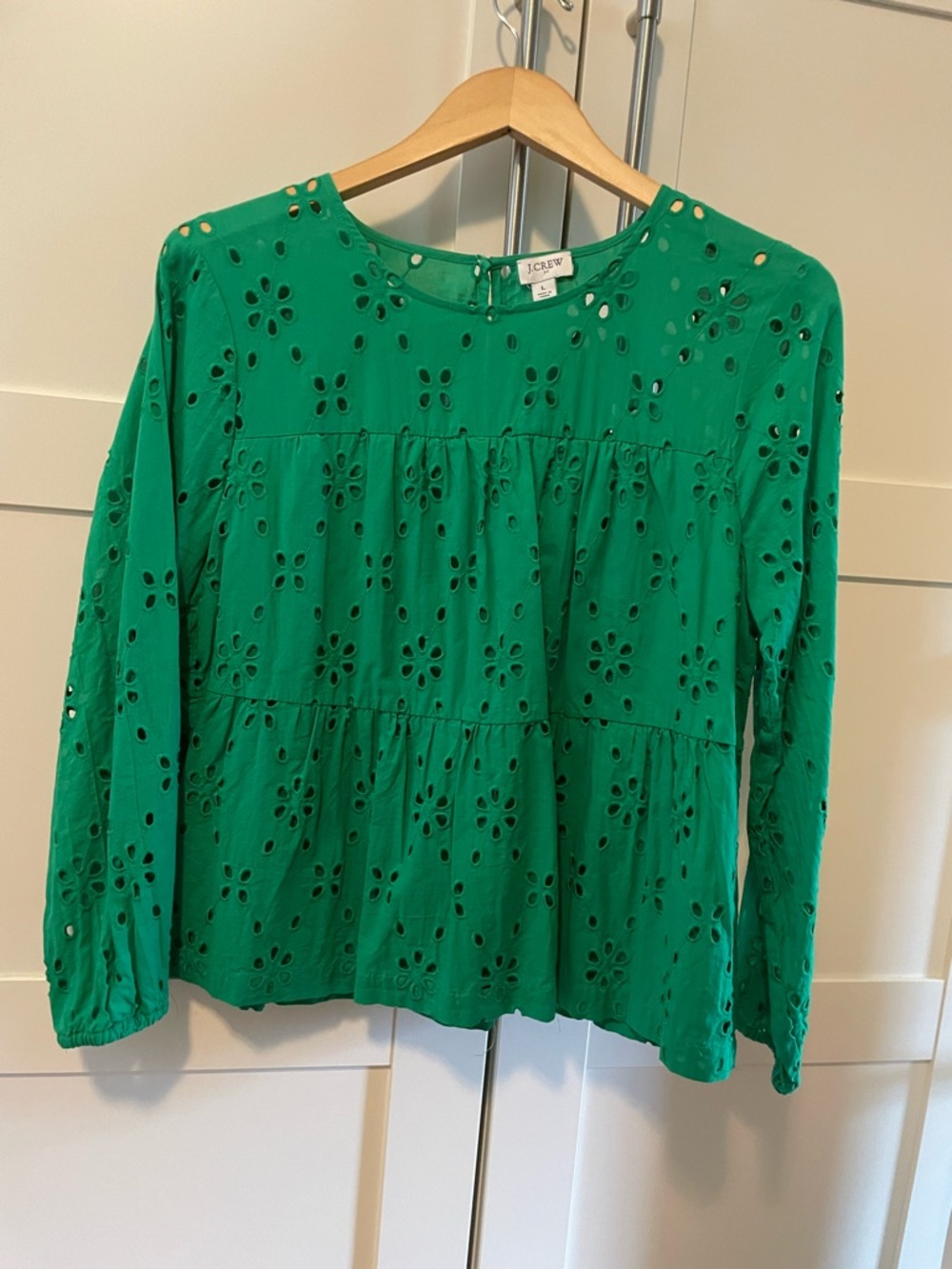 J. Crew Green Eyelet Tiered Eyeley Long-Sleeve Top
